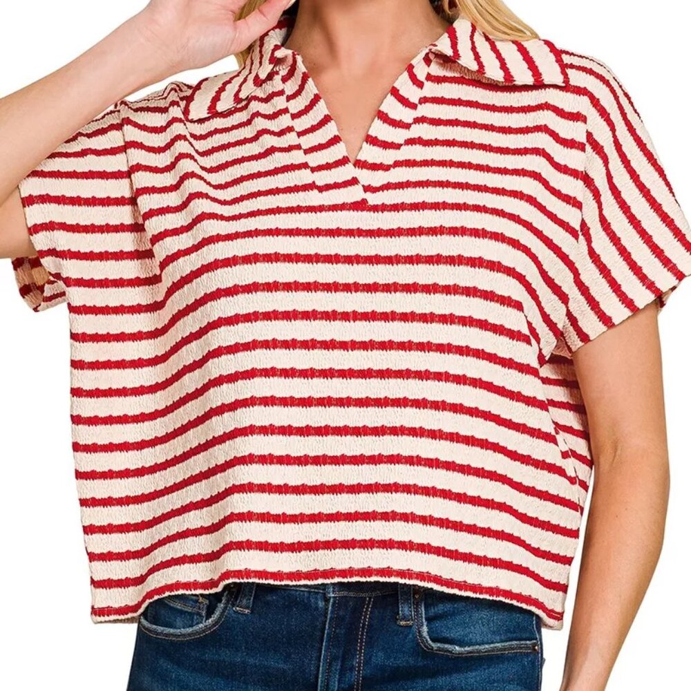 Zenana Striped Split Neck‎ Collared Top